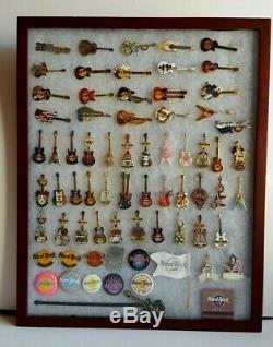 Hard Rock Cafe Lot Of 61 Guitar & Badge Pins In Hinged Frame Vegas Sydney Lisbon