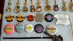 Hard Rock Cafe Lot Of 61 Guitar & Badge Pins In Hinged Frame Vegas Sydney Lisbon