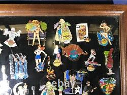 S2-95 Hard Rock Cafe Pins 67 Pin Lot In Glass / Wood Case -67 Pins For 1 Price