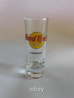 Hard Rock Cafe CARDIFF, la ville classique chaleureuse de la cordialité, logo HRC, verre à shot 4 en verrerie.